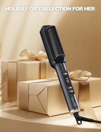 Випрямляч для волосся щіткою 2 в 1 | Керамічний випрямляч з PTC, антиопіковий дизайн, 30 температурних режимів (80℃~230℃), LED-дисплей, для жінок, чорний A.schwarz