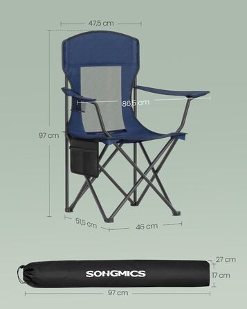 Набір кемпінгових стільців SONGMICS 2 шт., складані, для риболовлі, висока спинка, регульовані підлокітники, підсклянники, до 150 кг, блакитний