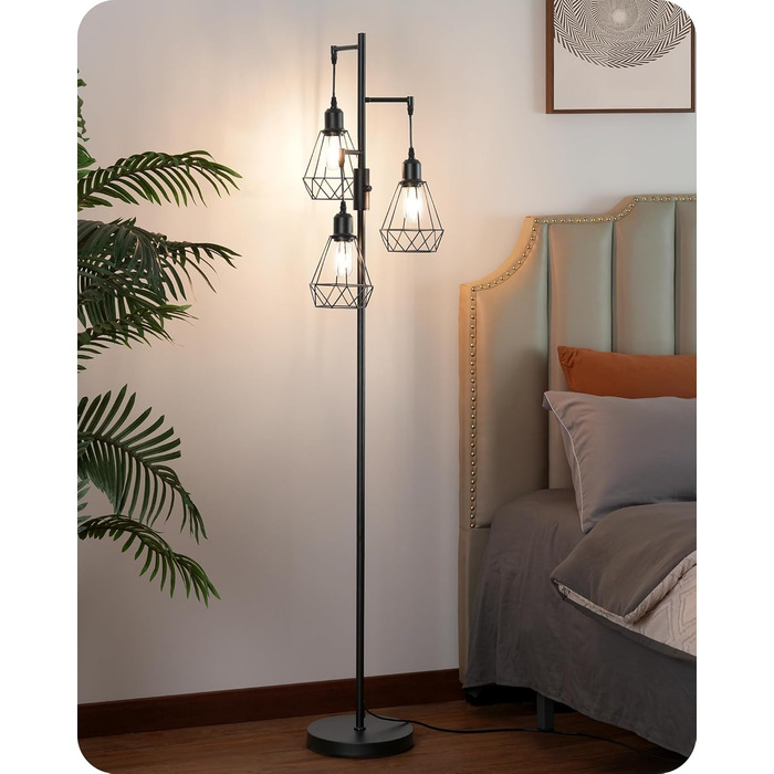 LED торшер Edishine для вітальні, 3 лампи, ретро стиль, диммування, 4W E27, металевий абажур-сітка, 2700K, висота 166 см, чорний