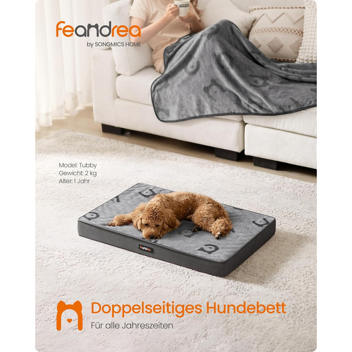 Ліжко для собак Feandrea, знімний водонепроникний матрац, розмір M (76 x 51 x 8 см), для маленьких та мініатюрних собак, сірий, PGW241G01