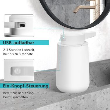 Phneems Soap Dispenser Automatic Foam Soap Dispenser Electric Soap Dispenser With Sensor 250ML Soap Dispenser Automatic USB Rechargeable IPX5 Waterproof FOR Bathroom Kitchen White
