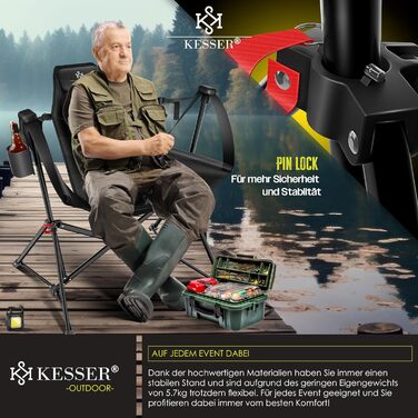 Крісло-гойдалка KESSER® для кемпінгу та риболовлі, 160 кг, з підсвіткою та тримачем для напоїв, сіре (чорне)