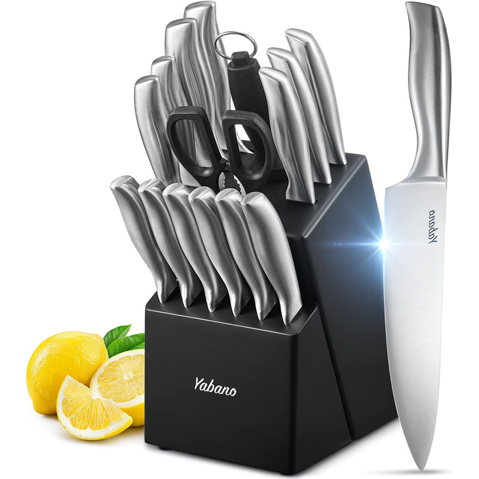 Yabano 16-Piece Professional Stainless Steel Knife Set with Wooden Block - Chef's Knife Set