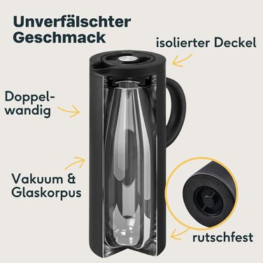 SILBERTHAL Thermos Flask 1L Stainless Steel - Double-Walled Insulated Flask Keeps Drinks Warm for 12h & Cold for 24h - With Twist-Lock Closure & Glass Insert - Modern Coffee Pot in Matte Black