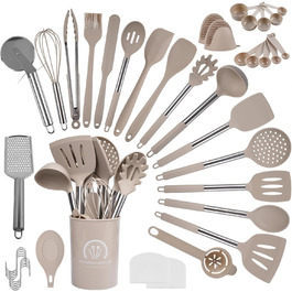 Набір кухонних помічників 45 предметів: силіконове кухонне приладдя, тримач, міксер, половник, лопатка, для миття в посудомийній машині (Хакі)