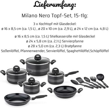 Набір кухонного посуду GSW Kochtopf Set Milano Nero, 15 предметів: каструлі та сковорідки з антипригарним покриттям для індукційних, керамічних та газових плит, з кришками з термостійкого скла та кухонними аксесуарами