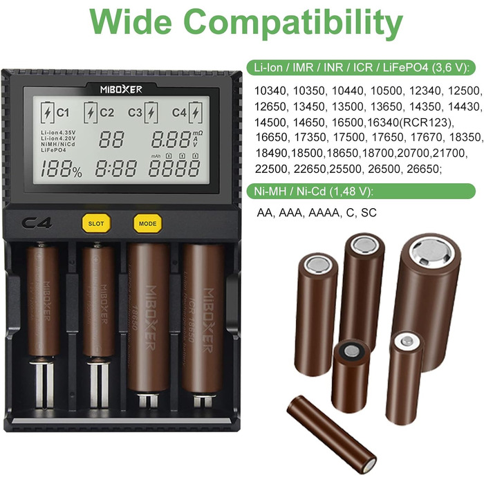 Зарядний пристрій для акумуляторів AUKSKY з LCD-дисплеєм (8 слотів) - універсальна зарядка для NI-MH, NI-Cd, AA, AAA, 14500, 18350, 21700, 26650, Li-Ion, LiFePO4, RCR123A (1.5A, 4 порти)