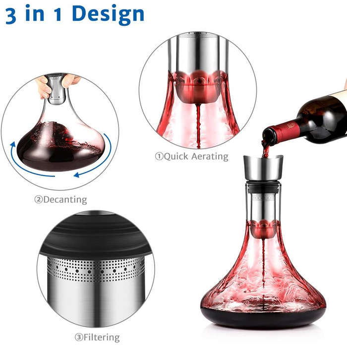 Glastal Decanter - Crystal Glass Decanter with Built-in Aerator for Aerating and Filtering, Drip-Free Pouring, 1800ml/63.3oz (Full Capacity)