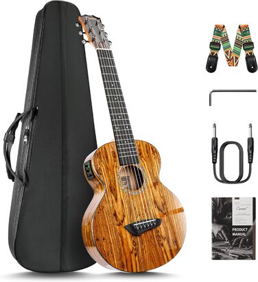 Гуітарела Caramel GEG95 з бокоте, блискуча, професійна, 6-струнна, акустична та електрогітара з аксесуарами для подорожей, 30'