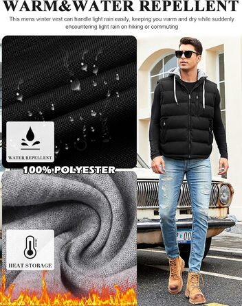 Чоловіча степкова жилетка Vancavoo на осінь/зиму з капюшоном, чорна, розмір M