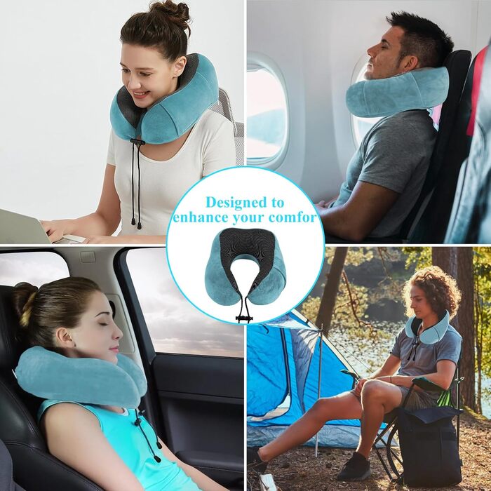 Подушка для шиї у вигляді їжачка Memory Foam для подорожей, дорослі, з навушниками, маскою для очей та сумкою, м'яка, дихаюча, для авто, літака, кемпінгу, офісу, блакитна