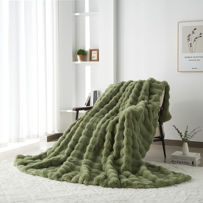 М'яка плюшева ковдра Luofanfei 180x200 см, салатово-кремовий колір, з ефектом 