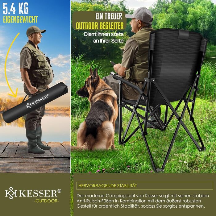 Кресlo для кемпінгу KESSER® розкладне, до 160 кг | Зручне рибальське крісло з підлокітниками, кишенею для напоїв та світлом | Чорний колір