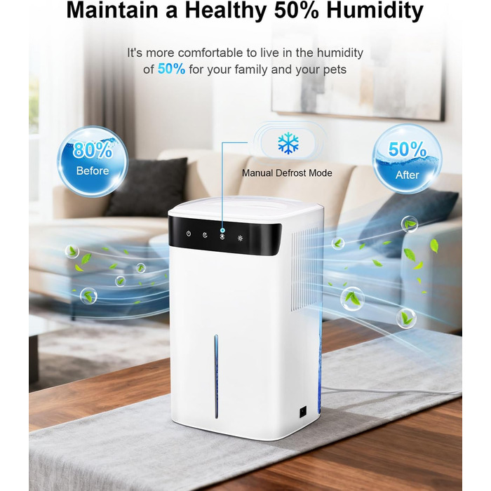 Електричний осушувач повітря з низьким рівнем шуму та підсвіткою, 500 мл. Захист від замерзання. Ідеально для кухні та підвалу