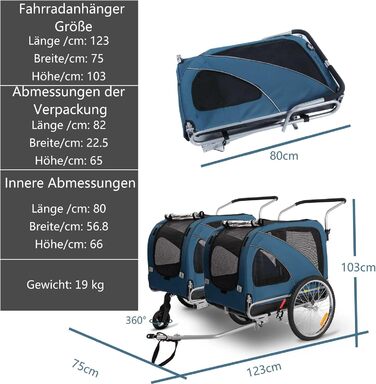 Причіп для собак XL для велосипеда та візка 2-в-1 з гальмом та світловідбивачами, міцний матеріал 600D Oxford, вантажопідйомність до 40 кг (Блакитний)
