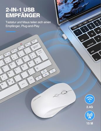 Бездротова клавіатура та миша TECKNET QWERTZ, 2.4 GHz, 15м, тиха, для ПК, ноутбука, Smart TV, білий/сріблястий