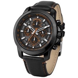 Чоловічий годинник PINDOWS з хронографом, кварцовий, аналоговий, водонепроникний, з коричнево-чорним шкіряним ремінцем, чорний корпус, чорний ремінь, помаранчевий циферблат