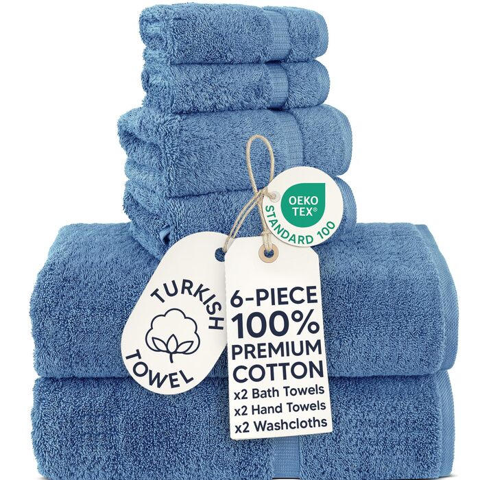 Набір розкішних рушників Chakir Turkish Linens з турецької бавовни, готельна якість, 6 предметів (2 великі рушники, 2 рушники для рук, 2 серветки), колір Wedgewood