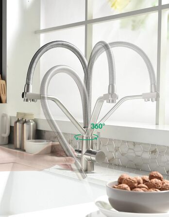 Змішувач кухонний з висувною лійкою, 360° поворот, щіткове золото, для кухні