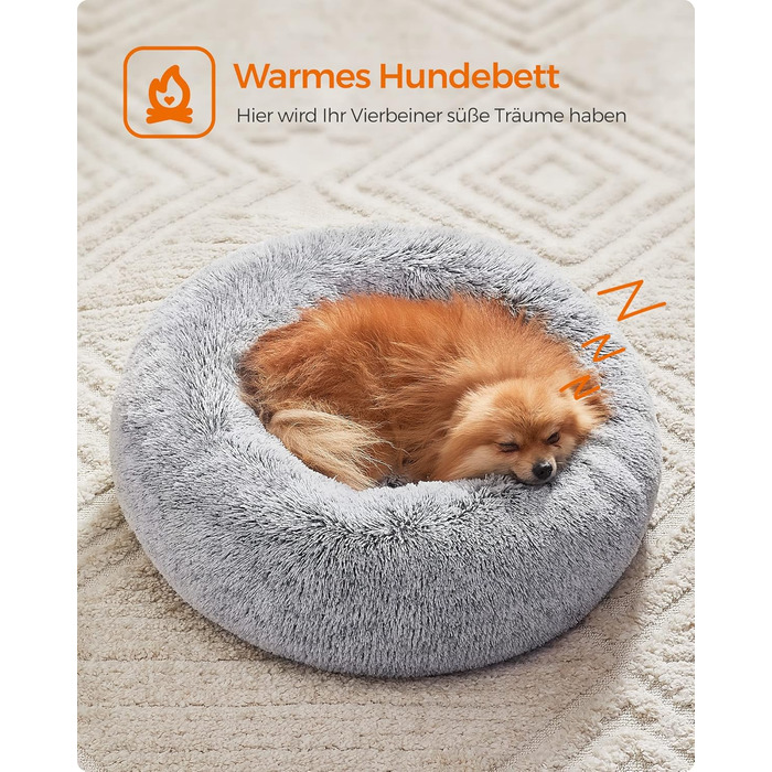 Кругле ліжко для собак та котів Feandrea з м'яким плюшем, діаметр 60 см, сірий колір, знімний наповнювач, 60 x 60 x 20 см