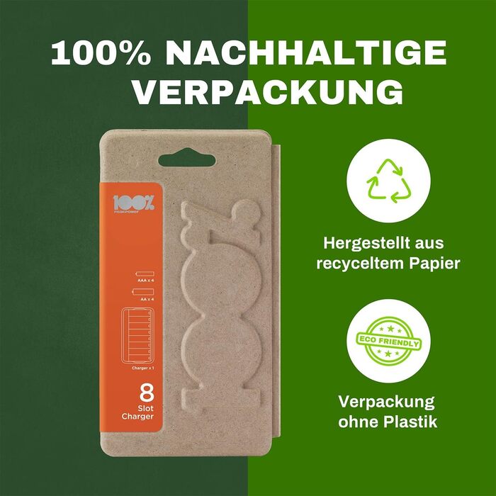 Зарядний пристрій PeakPower для акумуляторів AA AAA | Зарядка для акумуляторів з 8 акумуляторами (4x AA + 4x AAA), захист від перезаряду, таймер безпеки (USB зарядний пристрій для акумуляторів у екологічній упаковці), 8 слотів + 8 акумуляторів