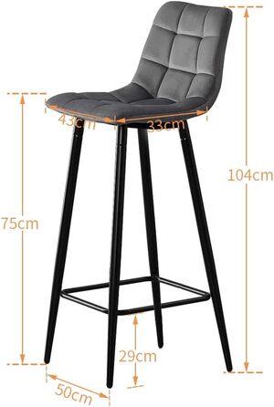 Velvet Bar Stools Set of 2 with Backrest - 66cm Counter Height - Grey