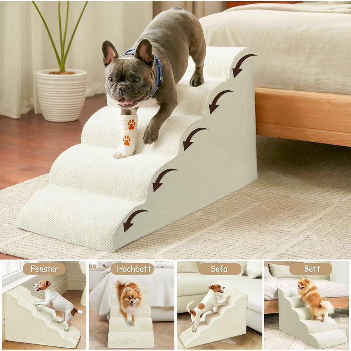 Сходи для собак Niubya, 62 см, 5 сходинок, для котів та собак, для літніх та поранених тварин, знімний чохол, щільна піна (Сірий)