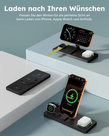 MagSafe зарядна станція 3-в-1 для iPhone, Apple Watch та AirPods (20W адаптер) - Чорна, складна індуктивна зарядка MagSafe сумісна з iPhone 17/16/15/14/13/12
