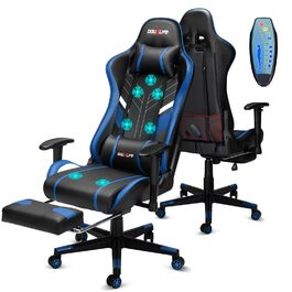 Ігровий крісло Douxlife з масажем, підніжкою, ергономічний офісний крісло, регулювання спинки 90-175°, регульовані підлокітники 2D, для PC геймерів, 150-180 кг, чорно-синій