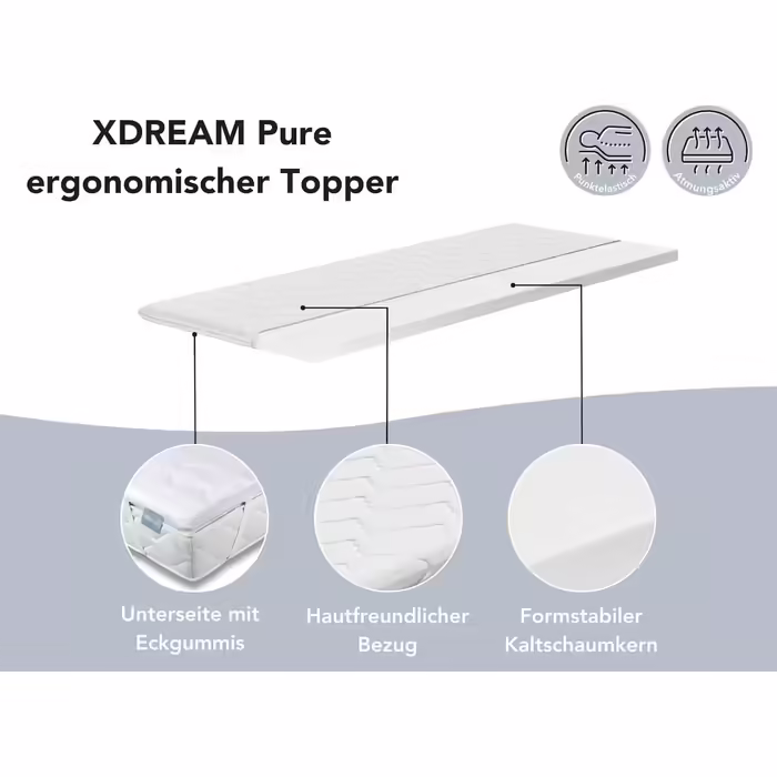 XDREAM Pure | Ergonomic mattress topper with a high-quality cold foam core | Ties for securing | Öko-Tex certified | 140 x 200 cm