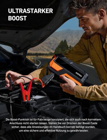 AstroAI MF16 6000A Powerbank для старту авто з компресором 150 PSI, 6000A, 12V, для бензинових/дизельних авто, мотоциклів, SUV, з LED-дисплеєм, помаранчевий