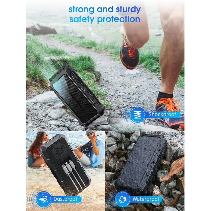 Портативний акумулятор 52800mAh з сонячною панеллю, 30W, з LED-ліхтариком та 7 виходами, чорний