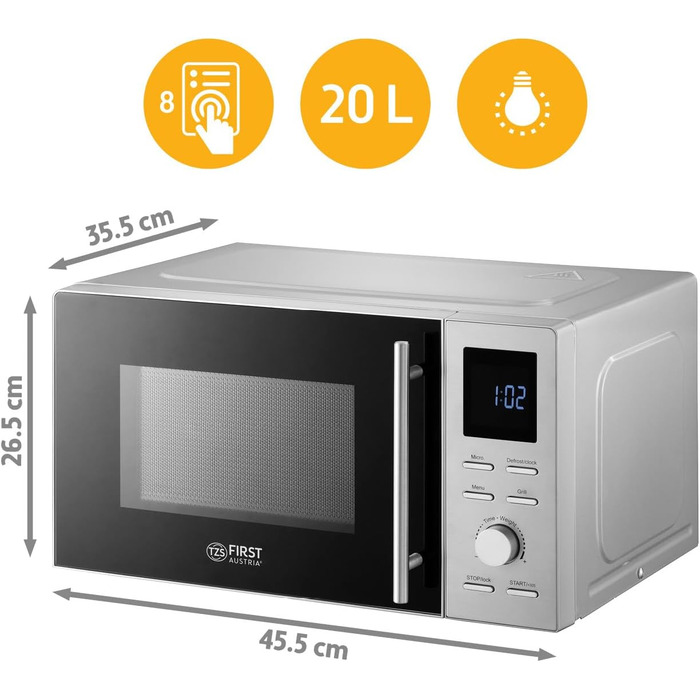 Мікрохвильова піч з грилем TZS First Austria 20L - 2-в-1, 700/800W, 8 програм, LED-дисплей, нержавіюча сталь, дитячий замок