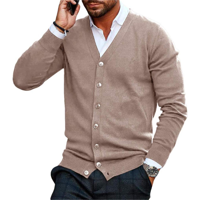 Чоловічий в'язаний кардиган Runcati без коміра V-подібний виріз, легкий, на весняно-осінній сезон (Хакі, XXL)