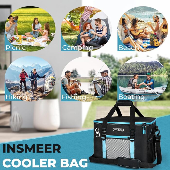 INSMEER Кулер для їжі та напоїв 50 л, великий, складний, для 80 банок, витримує витоки, з відкривачем, для пікніків, кемпінгу, пляжу, сімейних поїздок на 4 особи, чорний