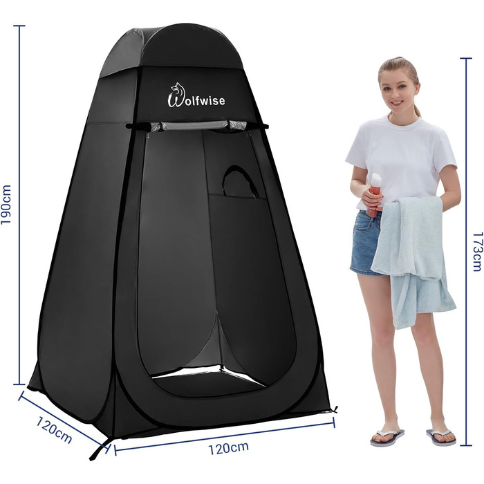 WofWise Portable Camping Shower Toilet Tent with UV Protection - Outdoor Privacy Shelter (Black, L)
