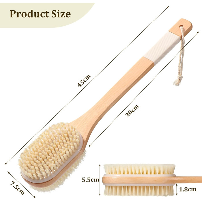 Щітка для спини з довгою ручкою, 43 см: для душу, ванни, видалення відмерлої шкіри, целюліту, покращення лімфодренажу