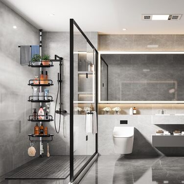 NEMMXUB Telescopic Shower Shelf No Drilling, Height-Adjustable Corner Stainless Steel Corner Shelf Bathroom Shelf with 5 Baskets and 1 Towel Holder, 4 Hooks for Shower, Bathroom, and Household, Height Adjustable from 95-320 cm