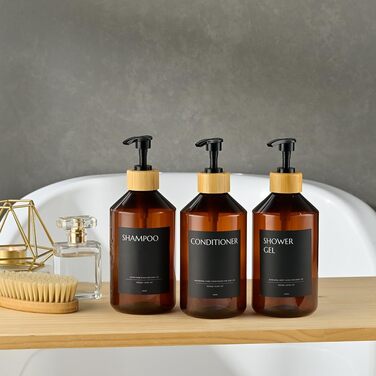 Набір з 3 дозатори мила для стін, 500 мл, флакони для шампуню та гелю для душу, чорний дозатор мила без свердління для кухні та ванної кімнати (коричневий флакон + чорний бамбуковий диспенсер)
