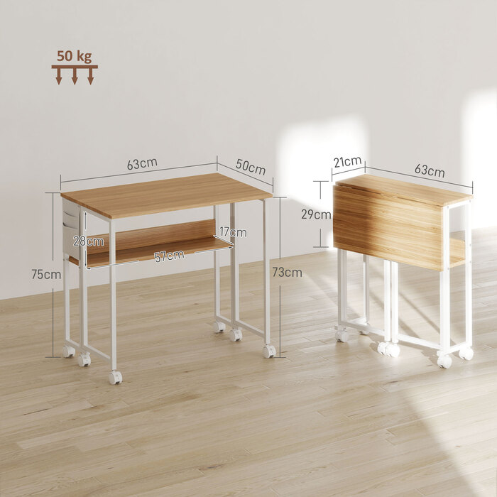 HOMCOM Folding Desk Small 63 cm Folding Desk with Wheels Space-Saving Computer Desk with Shelf, Storage Bag, for Home Office, Natural | Aosom