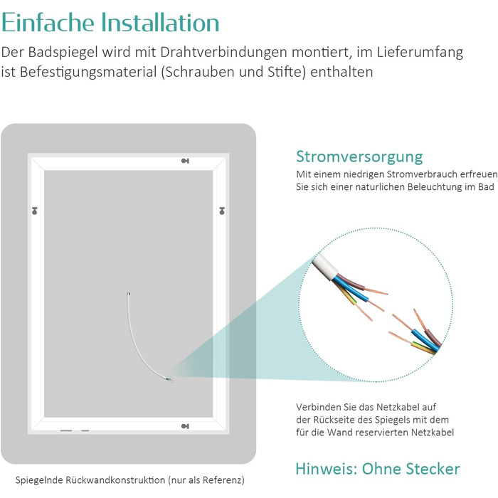 Дзеркало для ванної кімнати EMKE з підсвічуванням 50x70 см, запобігання запотіванню, 3 кольори світла, регулювання яскравості, сенсорне управління, функція пам'яті та автоматичне вимкнення через 3 години, ідеально для ванної кімнати (60 x 40 см)
