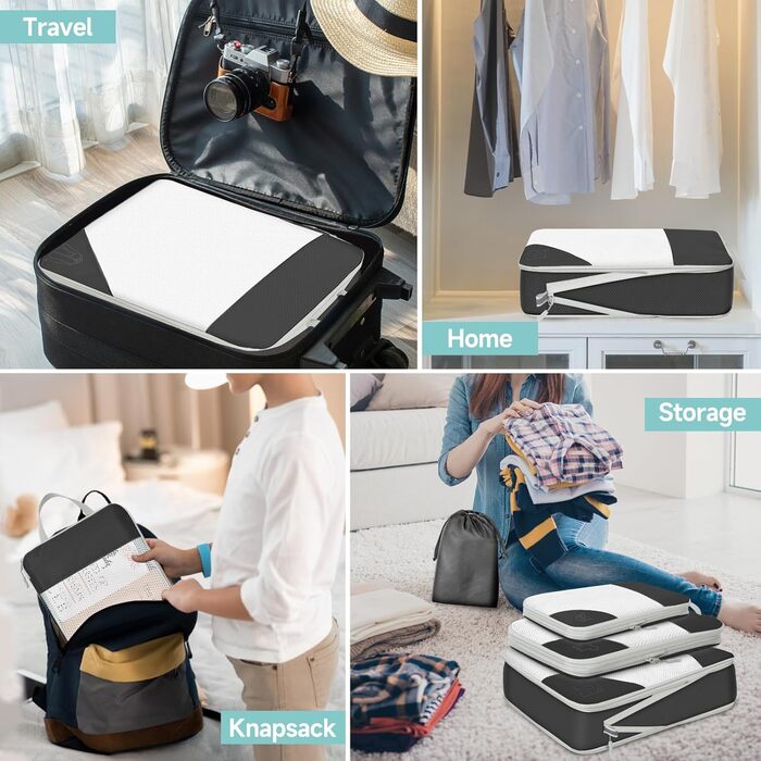 Набір кубиків для пакування 10 шт. Компресійні органайзери для валіз. Компактні, розширювані, чорні. Організація багажу для подорожей