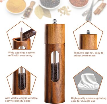 Механічна водяна млин для перцю та солі, набір 2 шт. з регулюванням помелу, керамічний жорно, з підставкою, 21.5 см