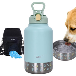 GiNT Термопляшка з нержавіючої сталі для собак та людей, 3-в-1, з мисками та сумкою, вилка-поїльник, для подорожей, прогулянок, кемпінгу, авто (Зелена)