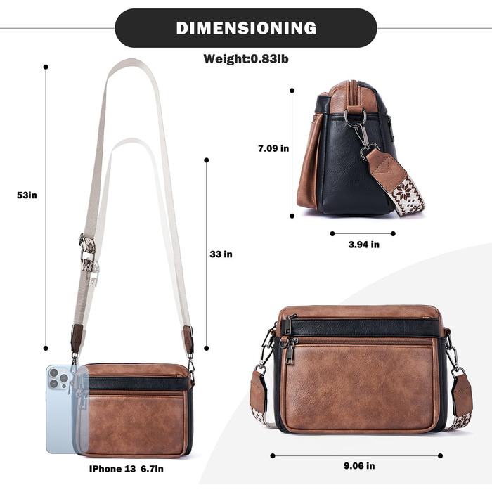 Сумка жіноча через плече MUIIKOLA середнього розміру, екошкіра, чорно-коричнева, з широким м'яким ременем