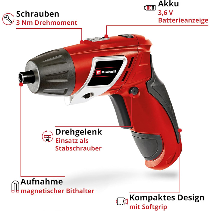 Акумуляторна дриль-шуруповерт Einhell TC-SD 3,6 Li (3.6V, 1300 mAh, 3 Nm, з регульованим кутом, LED-підсвічування, Soft Grip, індикатор заряду, 6 біт)