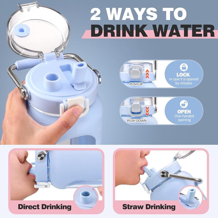 1.9L Glass Water Bottle, Glass Drinking Bottle with Straw and Stainless Steel Handle, Motivational Water Bottle with Silicone Case and Time Marker, Water Pitch (Light Blue2, 1893 ml)