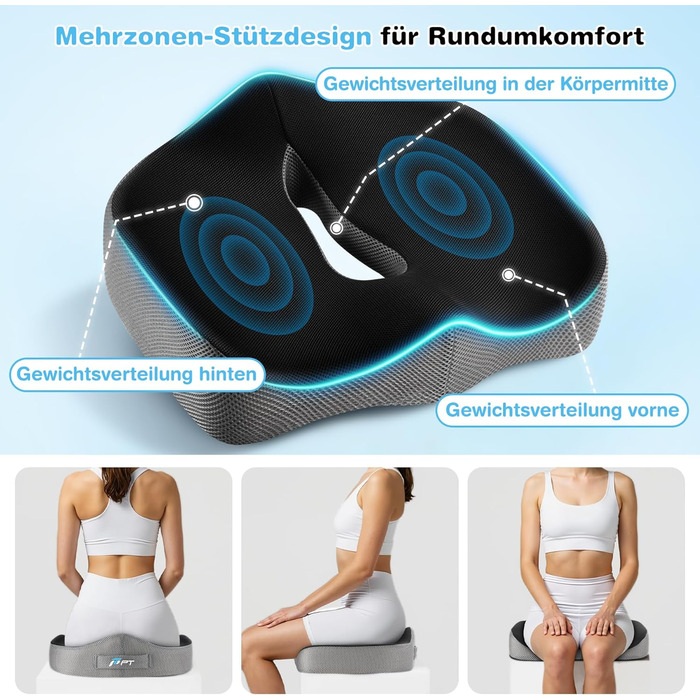 Подушка для сидіння POOTACK - для офісного крісла та авто, комфорт, піна з пам'яті, дизайн з отворами та U-подібною формою, чорний