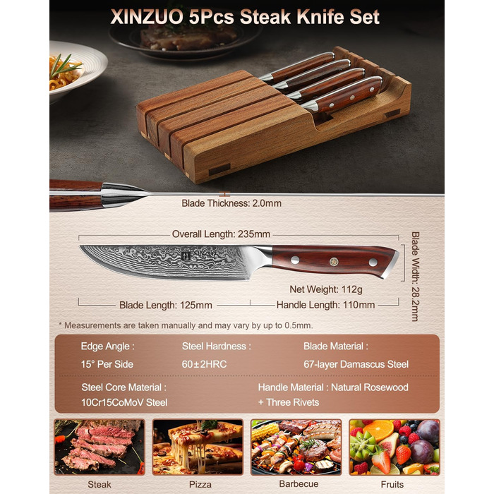 XINZUO Damascus Chef's Knife Set - 67 Layer High Carbon Steel, Professional Gyuto Knife with Rosewood Handle (5-Piece Steak Knife Set)