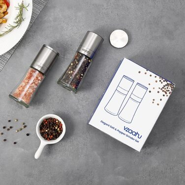 Набір з 2 мельниць для солі та перцю Vzaahu з керамічним механізмом, регулювання помелу, сірі та блакитні, портативні, багаторазові